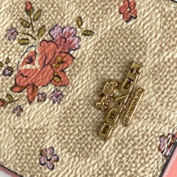 Coach Pink Floral Zip Card Case CAU45 ID Wallet Beige Leather Chain Strap ORGPKG - Picture 6 of 7